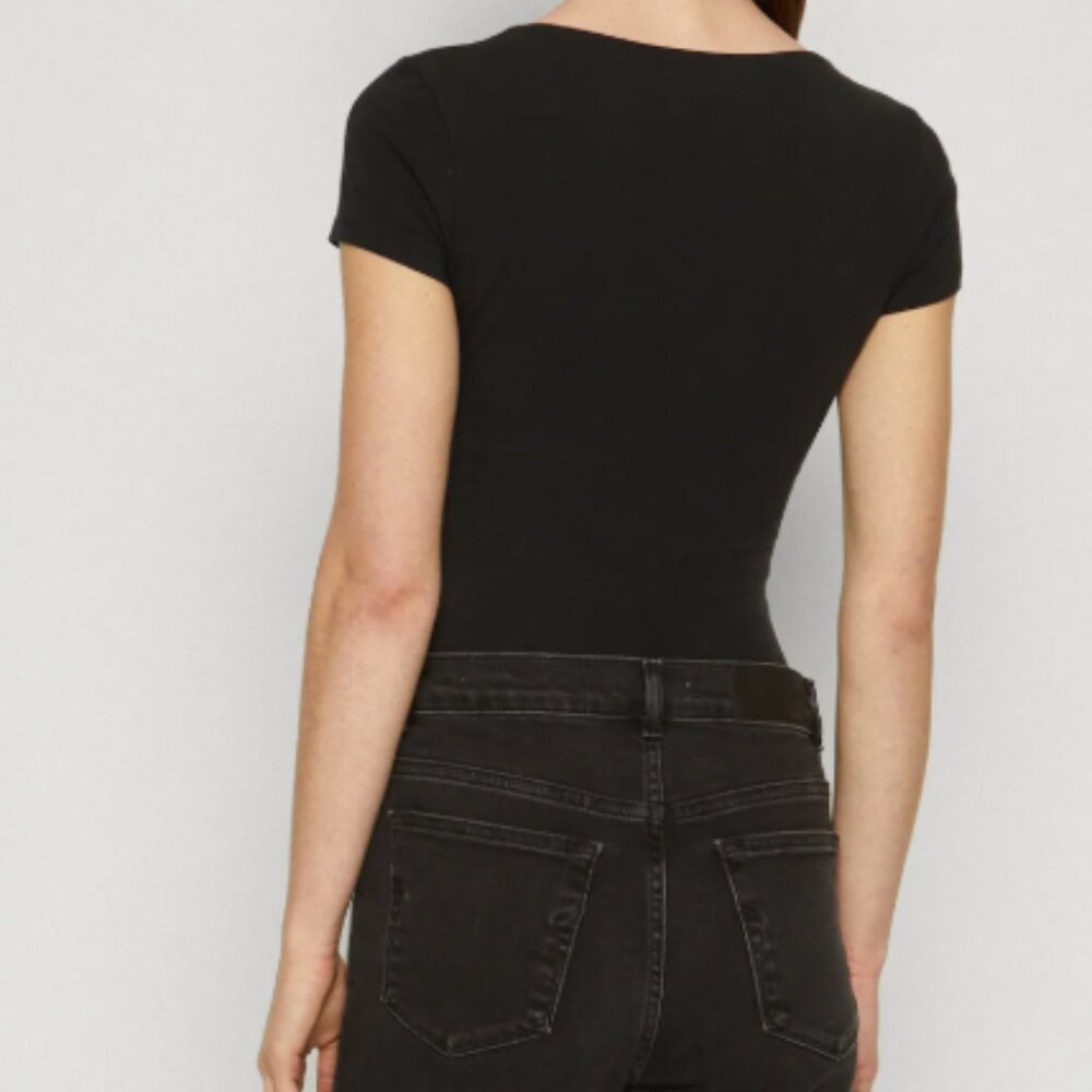 Abercrombie Short-Sleeve Cotton Seamless Squareneck Bodysuit, Black, Size Small - Picture 3 of 9